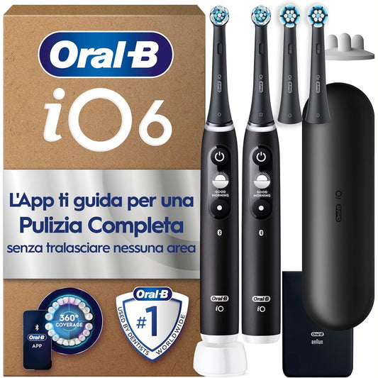 301544 - ORAL-B Furçë dhëmbësh elektrike iO Series 6 Plus Edition Twin Pack, PLUS 4 koka furçe, 5 mënyra pastrimi, çantë udhëtimi, e projektuar nga Braun, Black Lava