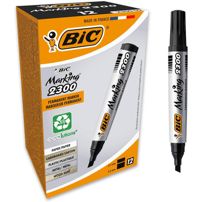 320559 - BIC Shënjues të Përhershëm 2300 ECOlutions, Majë Mesatare, për Karton, Plastikë, Dru, Metal - Bojë e Zezë, Kutia me 12 copë