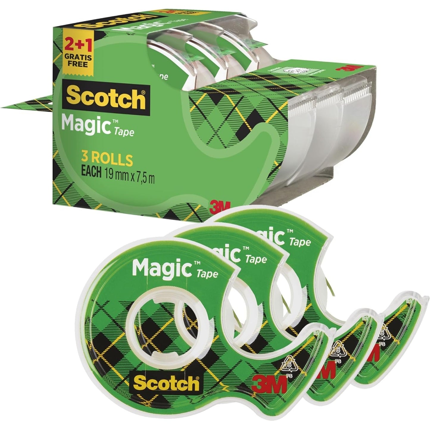 277204 - SCOTCH Shirit ngjitës Magic - 3 shpërndarës dore 19 mm x 7.5 m - Shirit ngjitës i padukshëm për riparimin, etiketimin dhe vulosjen e dokumenteve