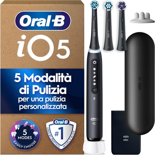 297870 - ORAL-B Furçë dhëmbësh elektrike iO 5, E zezë, 5 mënyra larjeje duke përfshirë zbardhjen, Sensor presioni për mishrat e dhëmbëve, 3 koka furçe zëvendësuese, Kuti udhëtimi, Karikues, Paketim kartoni