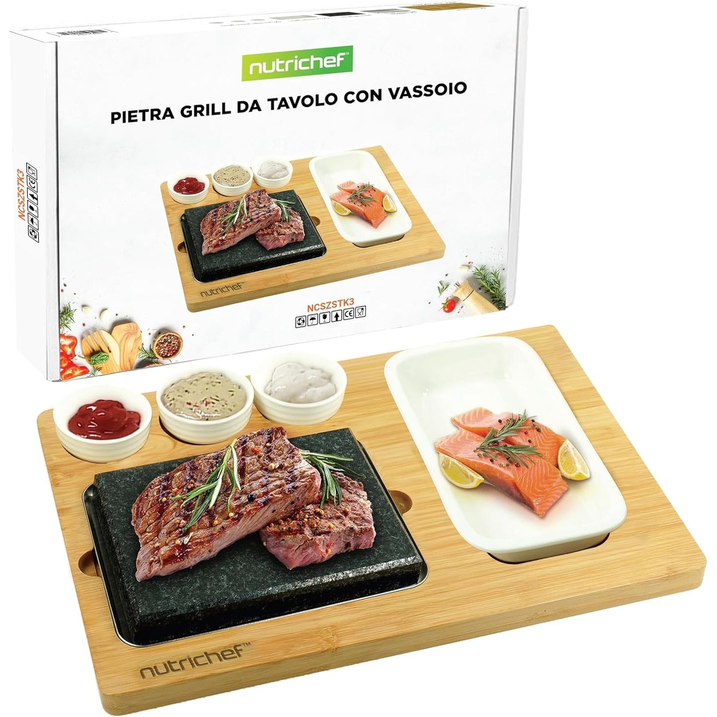 320823 - NutriChef - Skarë me gurë për biftek, Set bifteku me gurë të nxehtë, me pjatë bambuje, tabaka çeliku inox dhe tasa qeramike për salcë, i përshtatshëm për ngrënie brenda dhe jashtë