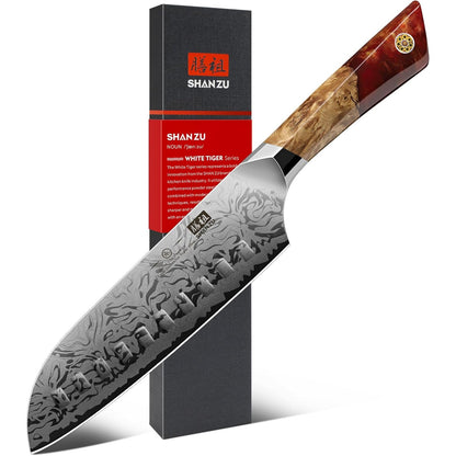 260043 - SHAN ZU Thikë Santoku Damasku, 18 cm, çelik pluhur SG2, 91 Shtresa Çeliku Damasku, Dorezë Ergonomike Panje – Seria WHITE TIGER