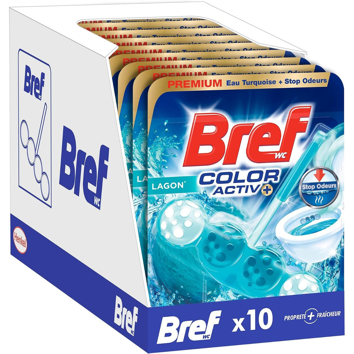 296807 - BREF WC Color Activ+Lagoon – Produkt Pastrues Tualeti – Ujë me Ngjyrë Turkuaz + Ndalesë Odor - 4 përbërës aktivë - Pako me 10 Blloqe Tualeti (10x50g)