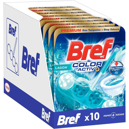 296807 - BREF WC Color Activ+Lagoon – Produkt Pastrues Tualeti – Ujë me Ngjyrë Turkuaz + Ndalesë Odor - 4 përbërës aktivë - Pako me 10 Blloqe Tualeti (10x50g)