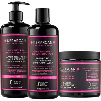 289586 - KERARGAN Shampo, Balsam dhe Maska me Keratinë Ultra Repair Trio, për flokë të dëmtuar dhe të stresuar, pa sulfate, OMGJ dhe silikon, 3 x 500 ml
