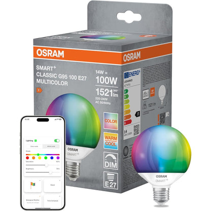 167993 - OSRAM Llambë LED SMART+ G95 Globe, 14W, E27, RGBW, e Errësueshme, e Kontrollueshme me Aplikacion dhe Zë, e Pajtueshme me Alexa, Google, Apple, WiFi
