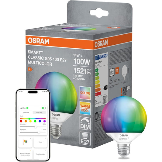 167993 - OSRAM Llambë LED SMART+ G95 Globe, 14W, E27, RGBW, e Errësueshme, e Kontrollueshme me Aplikacion dhe Zë, e Pajtueshme me Alexa, Google, Apple, WiFi
