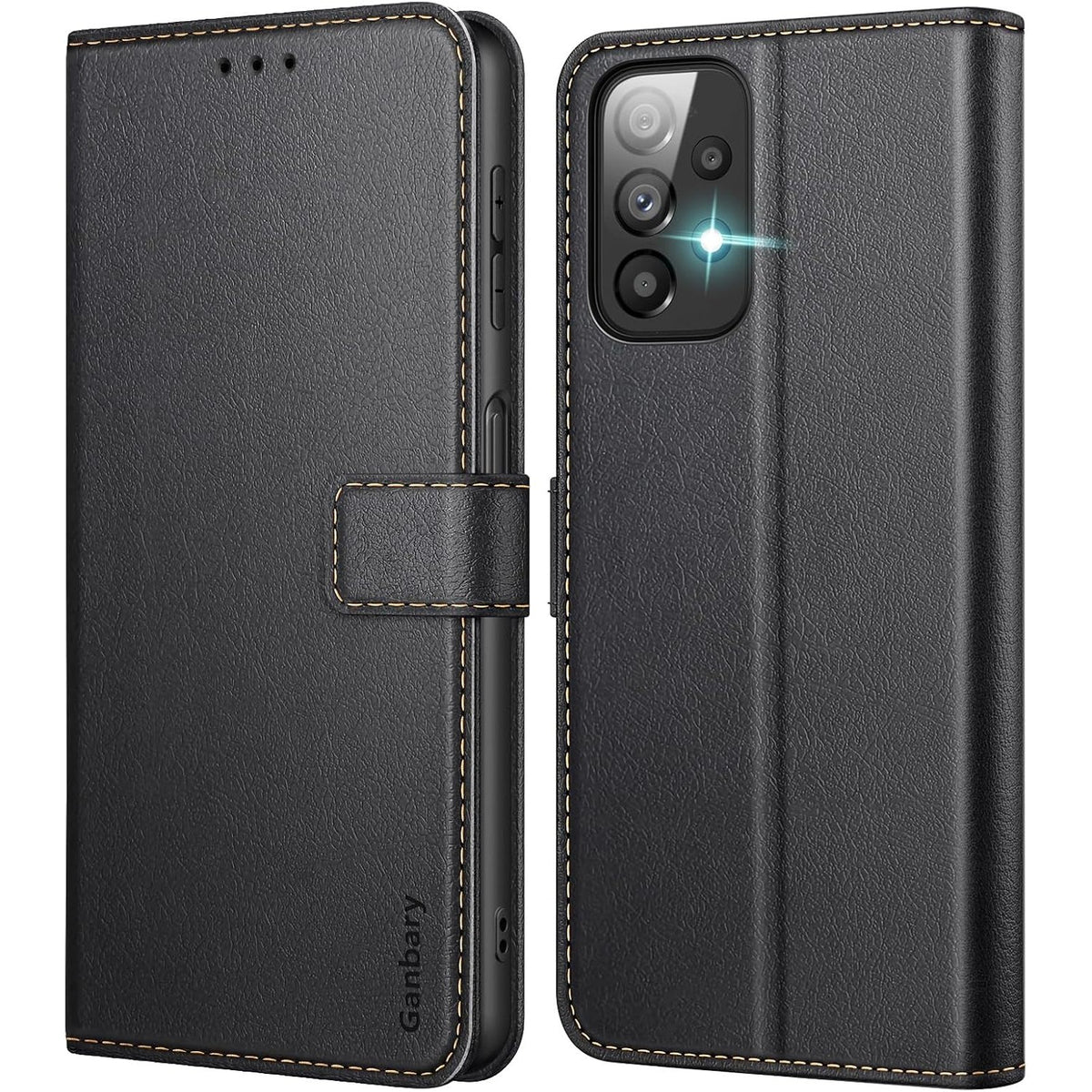 296288 - GANBARY: Mbrojtëse për Samsung Galaxy A23 4G/5G, Mbulesë prej lëkure PU premium, Mbrojtëse me rrota - E zezë
