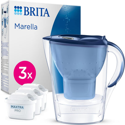 187453 - BRITA - Enë Filtri Uji Marella Blu, Kapacitet 2.4L, me 3 filtra MAXTRA PRO të Përfshirë, Redukton Klorin, Gëlqeren, PFAS dhe Metalet - Elegancë dhe Funksionalitet