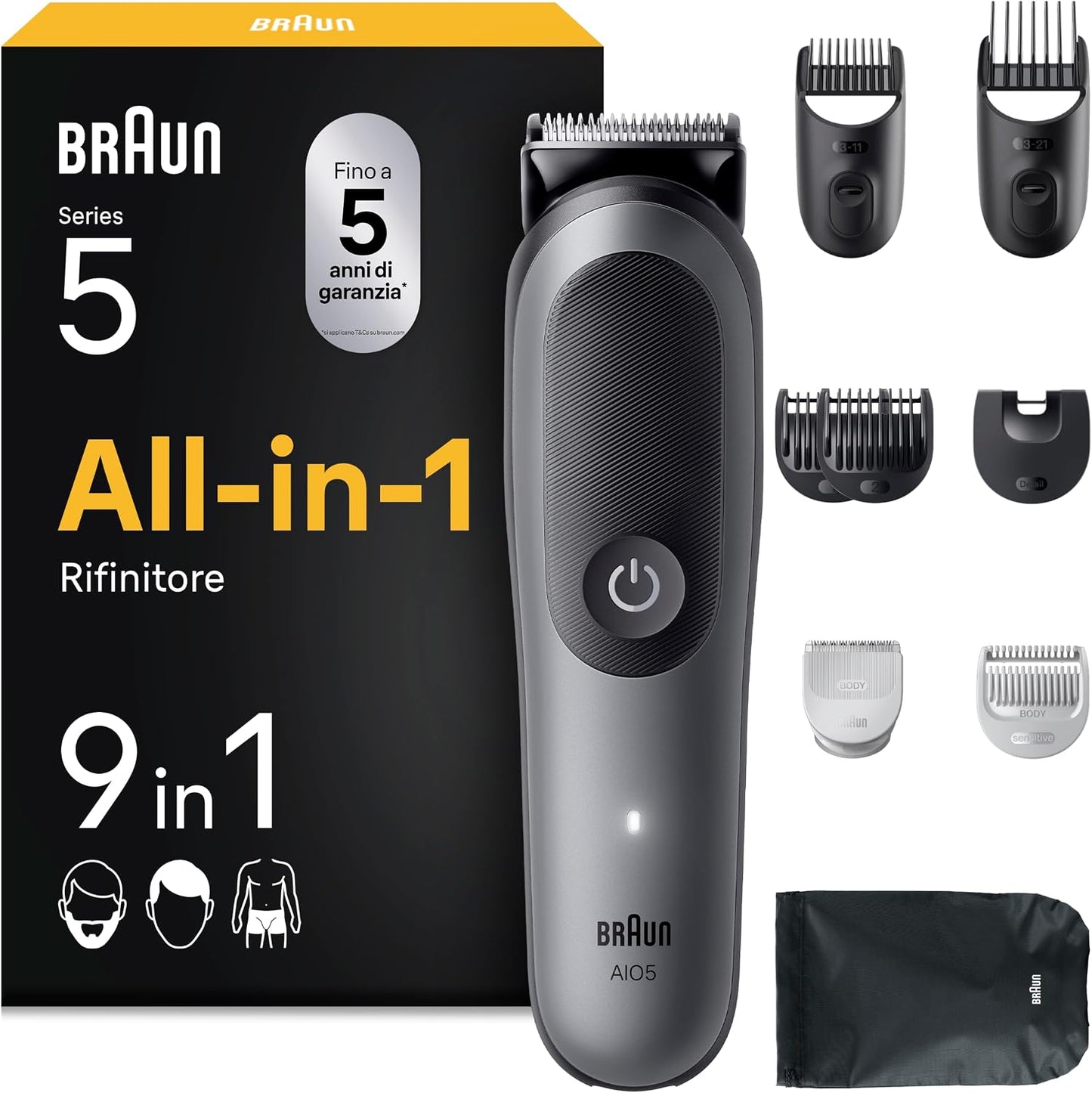 271117 - BRAUN MULTIGROOM ALL-IN-ONE SERIES 5 AIO5545, Set 5 prerësish 9-në-1, Gri, 14 cilësime gjatësie, jetëgjatësi baterie 120 minuta, rezistente ndaj ujit