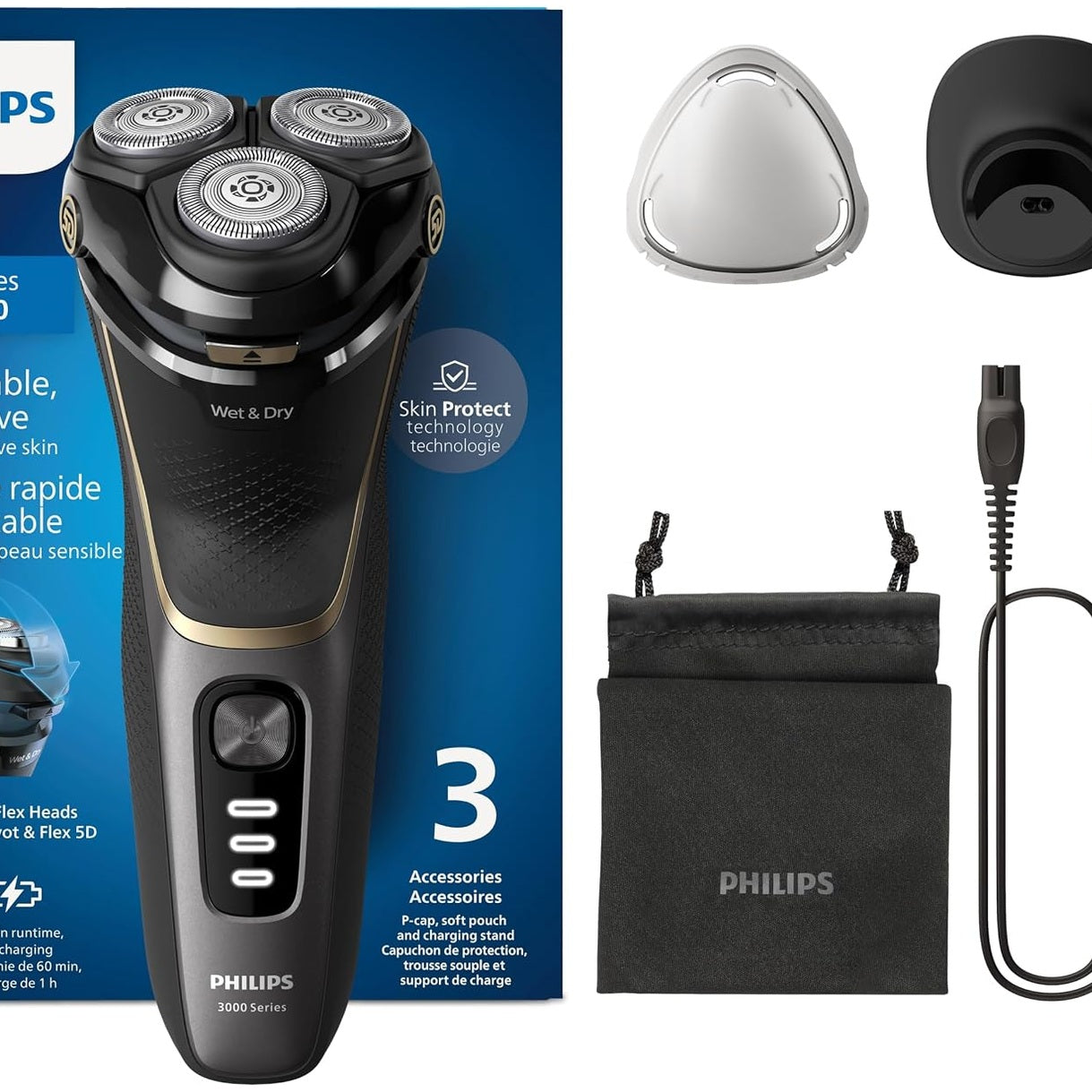 292260 - PHILIPS Rrojtore elektrike Seria 3000 - Rrojtore elektrike për burra me flokë të lagur dhe të thatë me teknologji SkinProtect, prerëse që hapet, mbështetëse karikimi, çantë udhëtimi, e zezë, modeli S3342/13