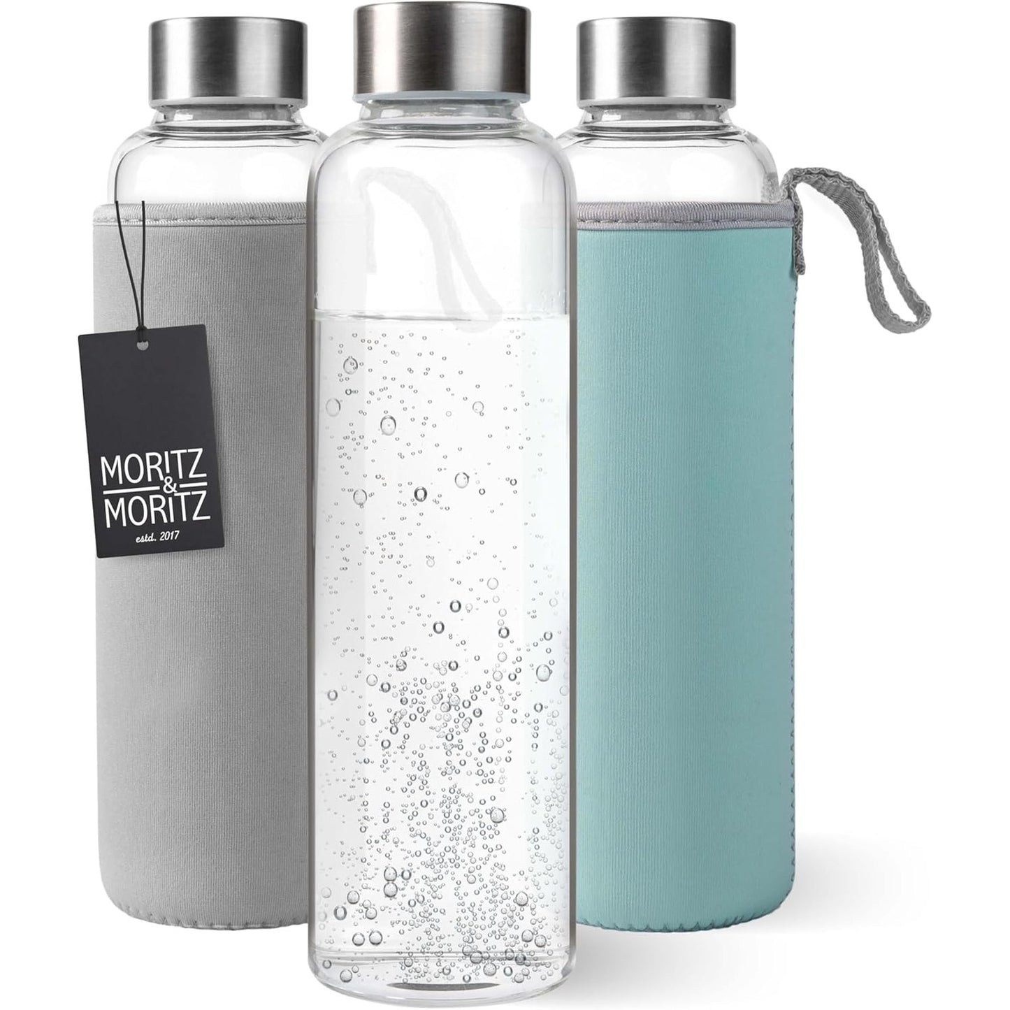 258050 - MORITZ & MORITZ Shishe uji prej qelqi, 500 ml, e përshtatshme për pije të gazuara, me mbulesë mbrojtëse neopreni