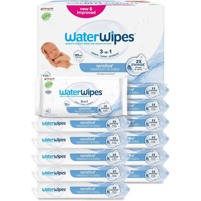 275003 - WATERWIPES Peceta Sensitive+ për të porsalindur dhe bebe, 1080 copë (18 pako), 99.9% ujë, pa aromë