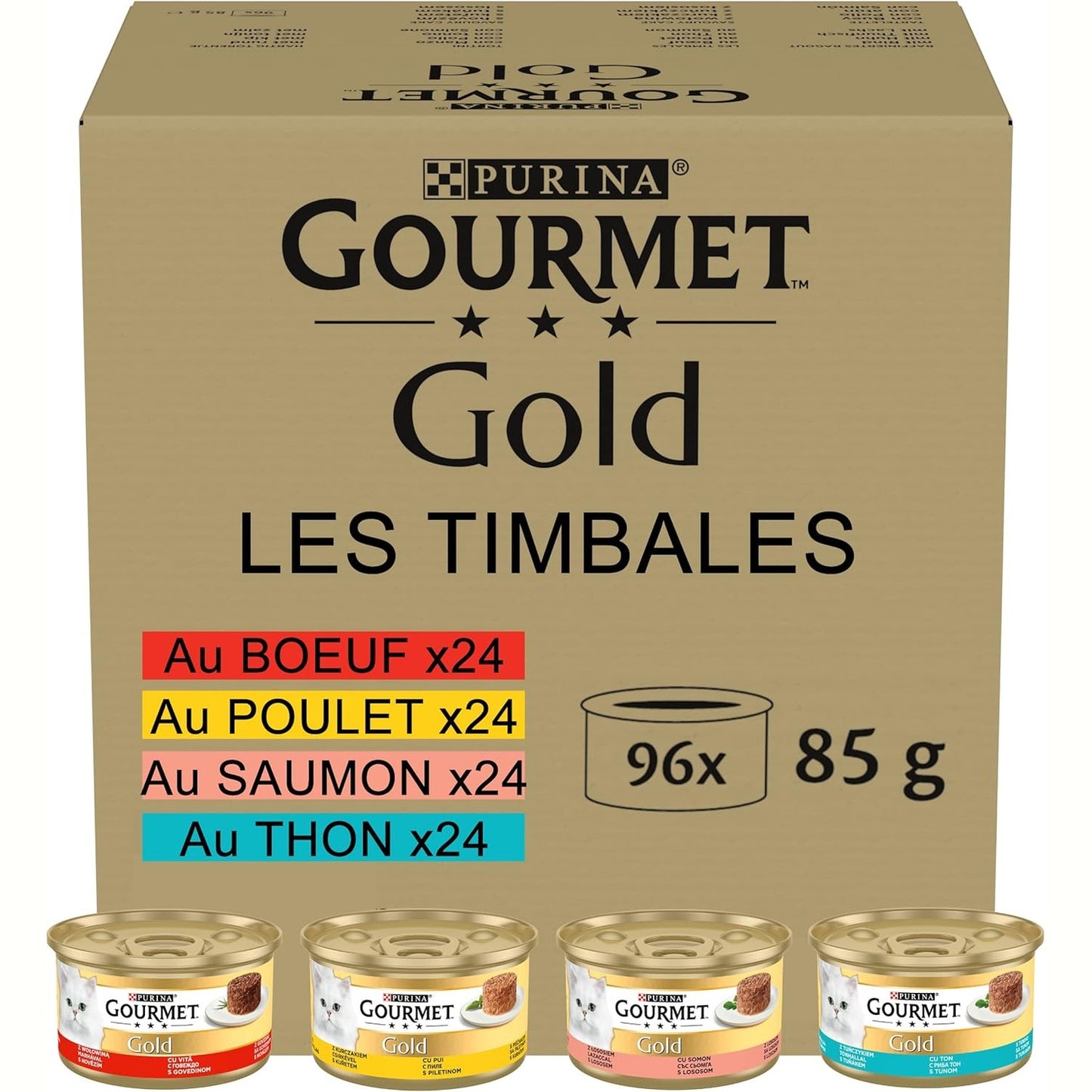 255283 - GOURMET GOLD Ushqim i Lagësht për Mace, Mish viçi, pule, salmon, Pako me 1 x (96 x 85 g)