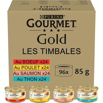199269 - GOURMET GOLD Ushqim i Plotë për Mace të Rritura, Konservë me Mish Viçi, Pulë, Salmon, Ton, Set me 96 x 85g
