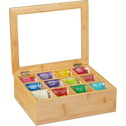 223644 - Relaxdays Kuti Çaji Bambu, 12 Ndarje, me Dritare Shikimi, Organizues për Qese Çaji, 9x28x23 cm, Natyrale, 10032112