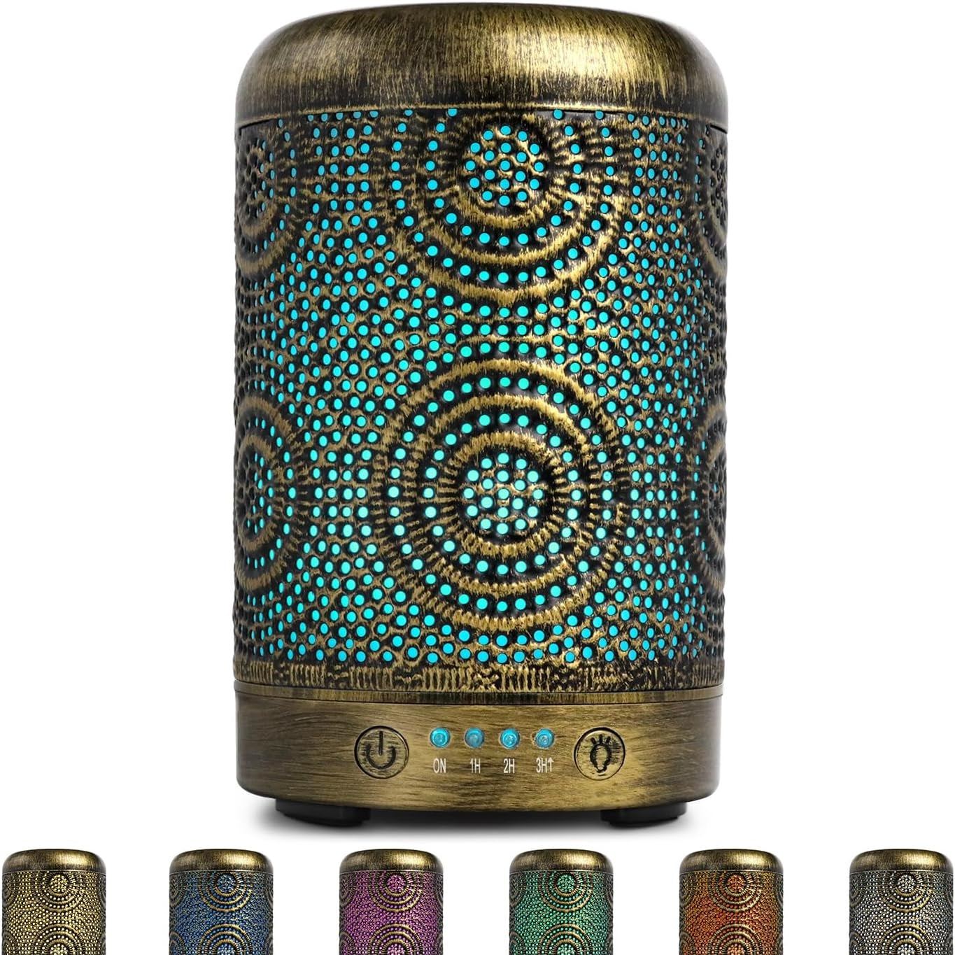 196278 - SALKING - Difuzues Arome Metalik 100ml për Vajra Esencialë me Llambë Elektrike dhe Lagështues, me 7 Ngjyra Dritë, Ngjyrë Vintage Gold - Përshtatshëm për Zyrë, Shtëpi, Yoga
