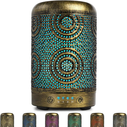 196278 - SALKING - Difuzues Arome Metalik 100ml për Vajra Esencialë me Llambë Elektrike dhe Lagështues, me 7 Ngjyra Dritë, Ngjyrë Vintage Gold - Përshtatshëm për Zyrë, Shtëpi, Yoga