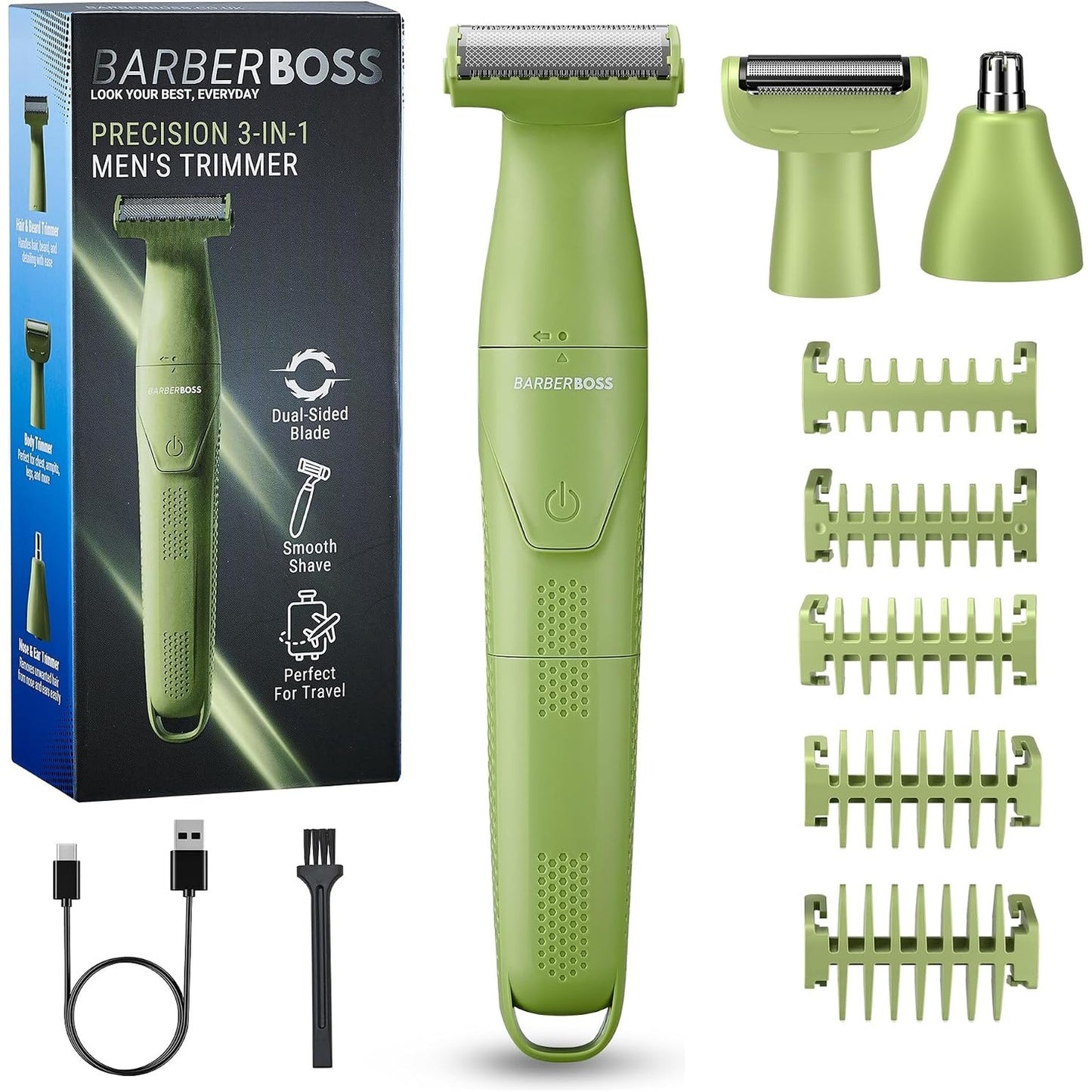 316693 - BARBERBOSS Prerëse precize 3-në-1 për Burra, Makinë Rroje pa Tel e Rikarikueshme (E Gjelbër)