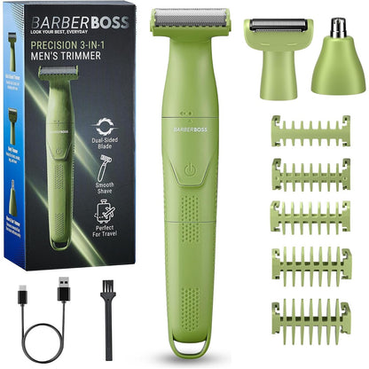 316693 - BARBERBOSS Prerëse precize 3-në-1 për Burra, Makinë Rroje pa Tel e Rikarikueshme (E Gjelbër)