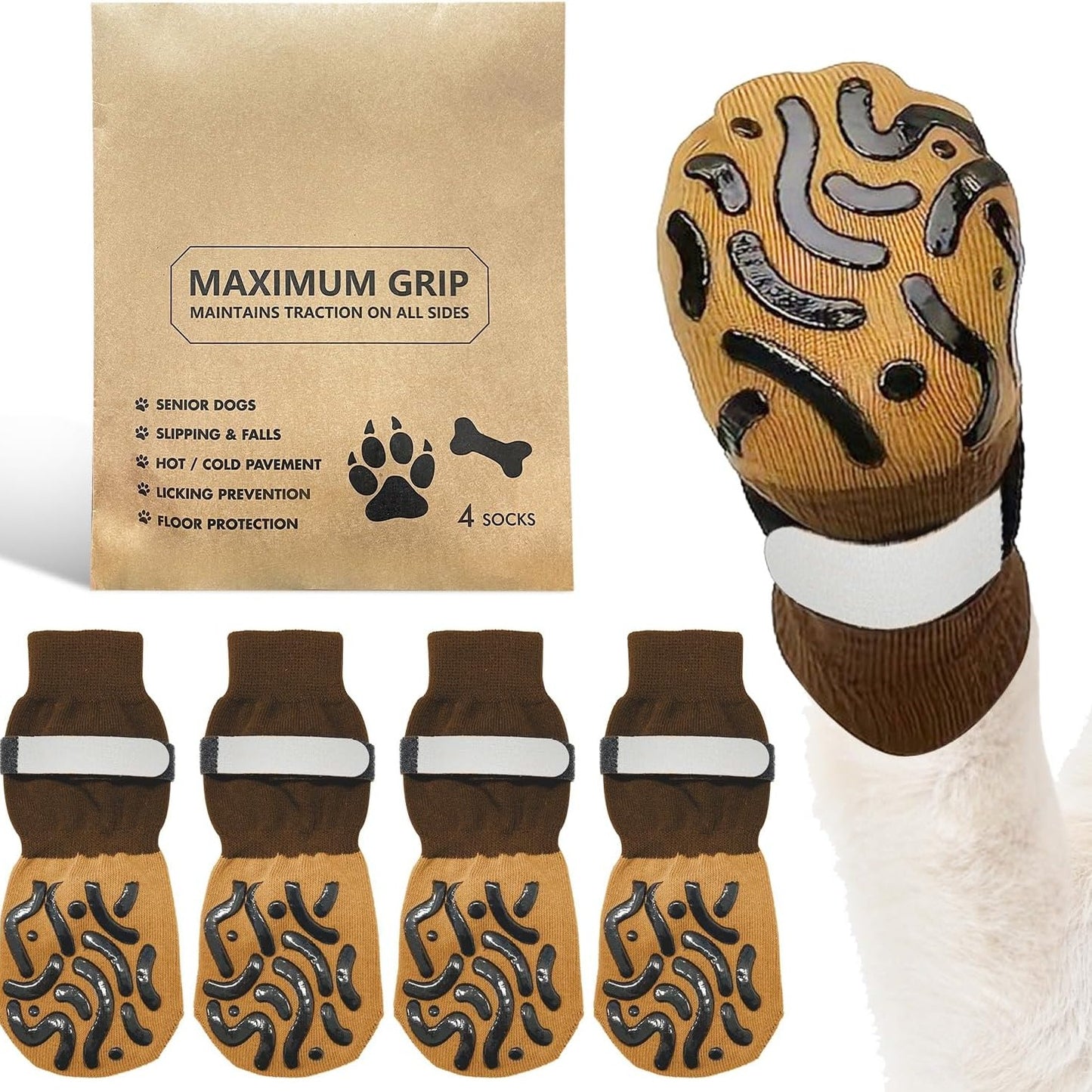 202167 - BRANDI I PADEFINUAR Pako me 4 çorape të rregullueshme për qen, M, Tekstile, Kafë, Kundër lëpirjes dhe për Mbrojtjen e Putrave