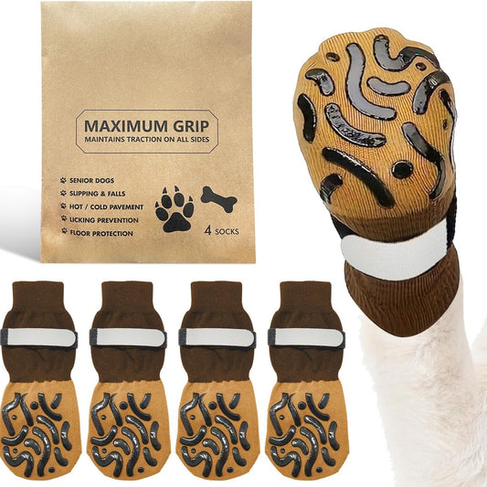 202167 - BRANDI I PADEFINUAR Pako me 4 çorape të rregullueshme për qen, M, Tekstile, Kafë, Kundër lëpirjes dhe për Mbrojtjen e Putrave