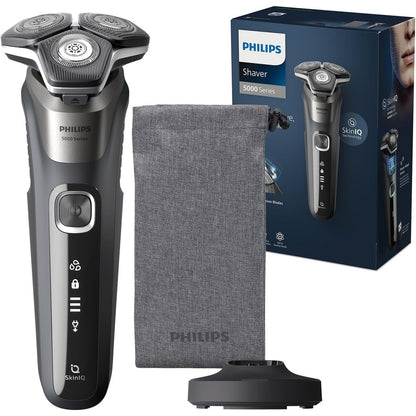 292345 - PHILIPS Rrojtore Seria 5000, elektrike për flokë të lagur dhe të thatë, gri karboni, prerëse të integruar të tërheqshme, qese të butë, kapak mbrojtës, mbështetëse karikimi (modeli S5887/13)