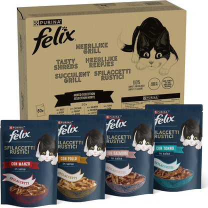 213708 - Felix | Succulent Grill | Ushqim i plotë për mace të rritura | Përzgjedhje e përzier: Me pulë, viç, salmon, ton | në salcë | Porcion individual | 80 x 80g