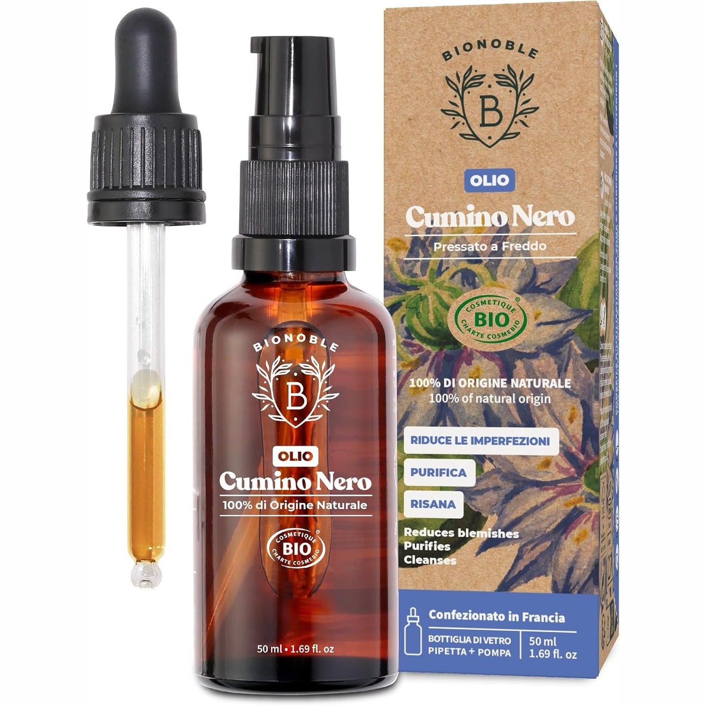 318106 - BIONOBLE Vaj organik i farës së zezë, 50 ml, 100% natyral, pa heksan, shishe qelqi me pipetë dhe pompë