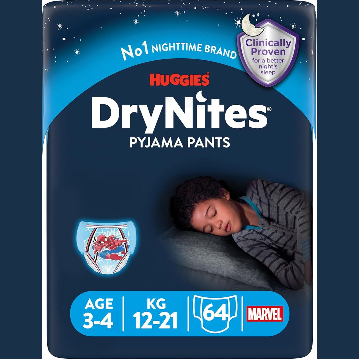 300743 - Pako Jumbo Huggies DryNites për Djem 3-4 Vjeç, 40.6 x 10.2 cm, 64 copë