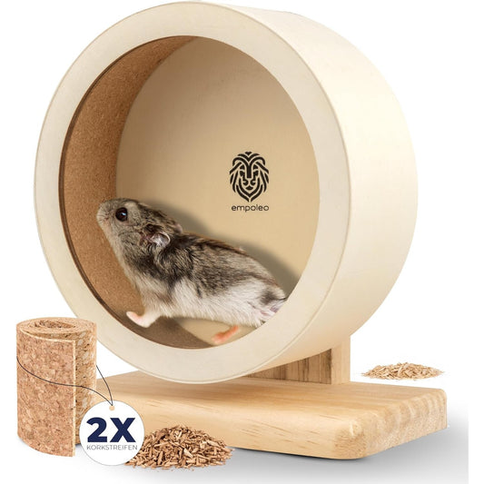 201143 - EMPOLEO Rrotë Vrapimi për Hamster prej Druri me Tape, Ø16 cm - Me Kushtineta me Sfera për Qetësi - Përfshin Shirita Zëvendësues prej Tape - E Përshtatshme për Hamsterë, Minj, Brejtës