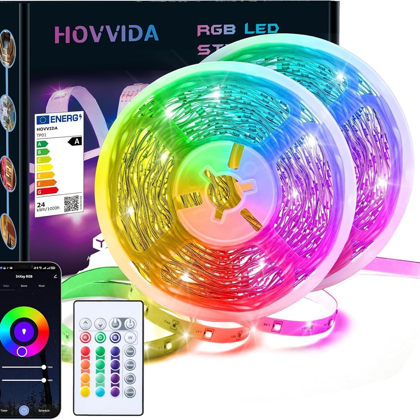 252091 - HOVVIDA Shirit LED me WiFi 20M, i pajtueshëm me Alexa dhe Google Home, 30 LED/metër, 2x10M, Drita RGB 24V 600 LED, Aplikacion dhe Telekomandë, Modalitet Muzike, për Dhomë, Dhomë Ndenjeje, Kuzhinë, Dhomë Gjumi, Festë