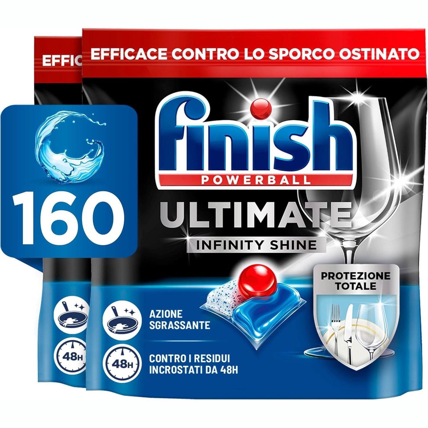 292995 - FINISH Tableta për lavastovilje Ultimate Infinity Shine, 2 x 80 Kapakë, pastrim të thellë, heqje yndyre, shkëlqim me mburojë mbrojtëse