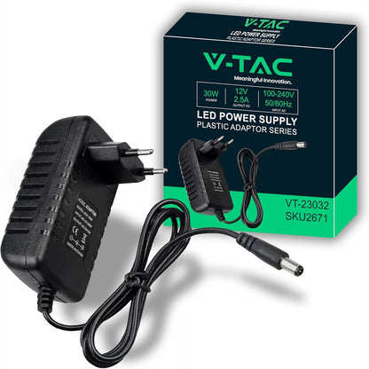 320640 - ADAPTOR FURNIZIMI ME ENERGJI V-TAC 12V 30W 2.5A për Kamera, Shirita LED, Modeme, Hyrje AC 100-240V, Prizë Euro