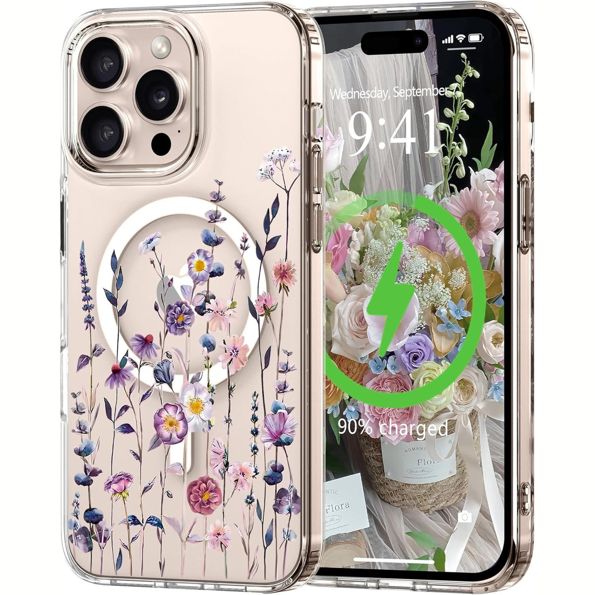 320564 - L-FADNUT Mbulesë magnetike për iPhone 13 Pro, e pajtueshme me MagSafe, mbrojtëse transparente me motive lulesh, rezistente ndaj goditjeve dhe gërvishtjeve