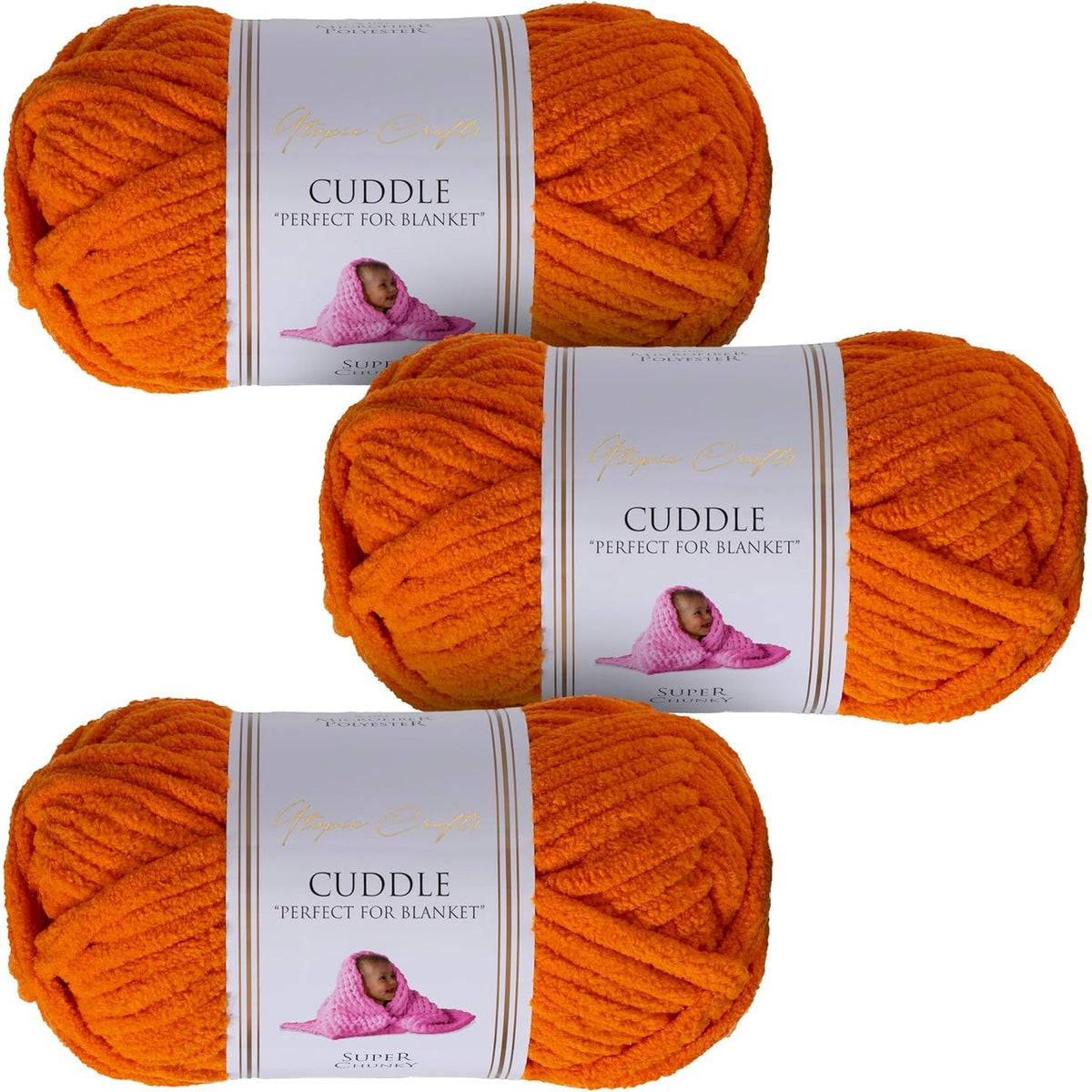 299881 - UTOPIA CRAFTS Cuddle Super Chunky Chenille Fill Kungull Portokalli, 100g, 60m, Fill i trashë thurjeje me grep, i lahet në lavatriçe, Alternativë leshi, pako me 3 copë