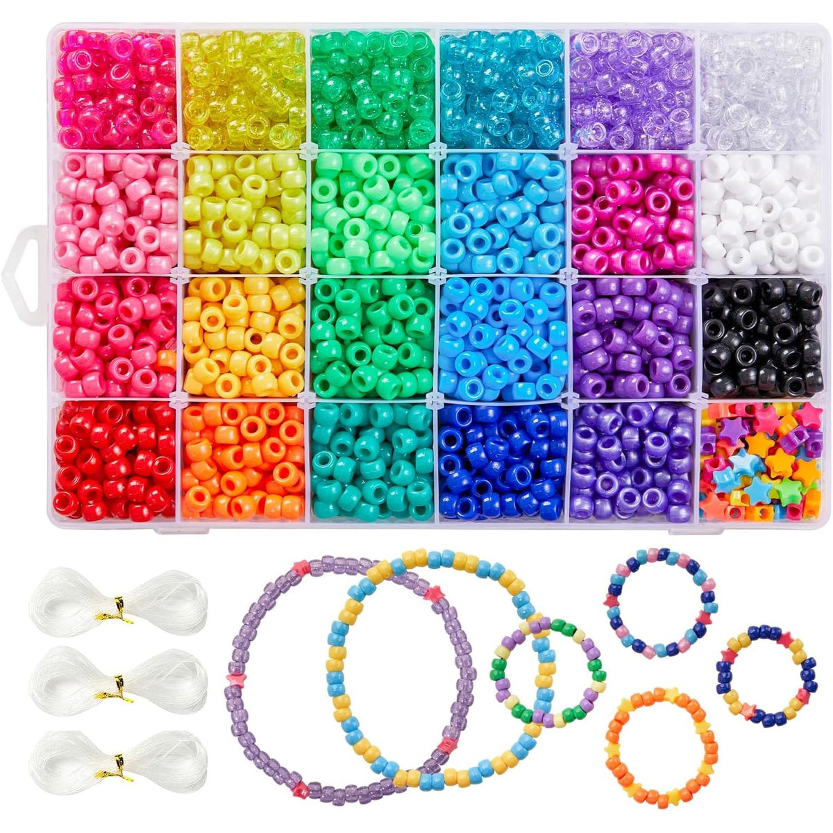296184 - INSCRAFT Set Rruazash Poni, 3300 copë rruaza 9 mm për byzylykë në 23 ngjyra, duke përfshirë rruaza me shkronja, rruaza yjesh dhe kordon elastik