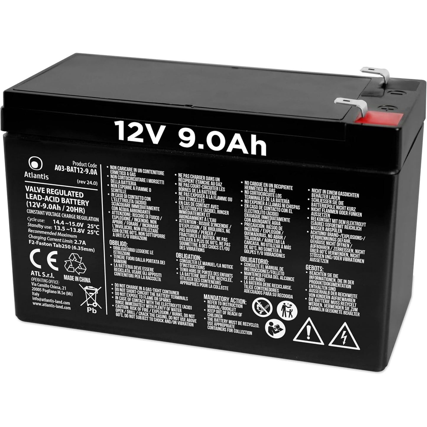 266633 - ATLANTIS Bateri plumbi e mbyllur 12V 9Ah (VRLA), e përshtatshme për UPS, mbikëqyrje video, sisteme alarmi, lëvizshmëri elektrike, lodra, lidhje faston F2 6.3 mm, A03-BAT12-9.0A