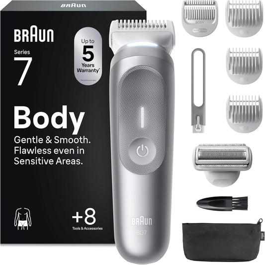 274862 - BRAUN Bodygroomer Series 7 BG7555, Makinë rroje trupi pa tel për burra, rezistente ndaj ujit, 100 minuta jetëgjatësi baterie, përfshin 8 aksesorë dhe kuti.