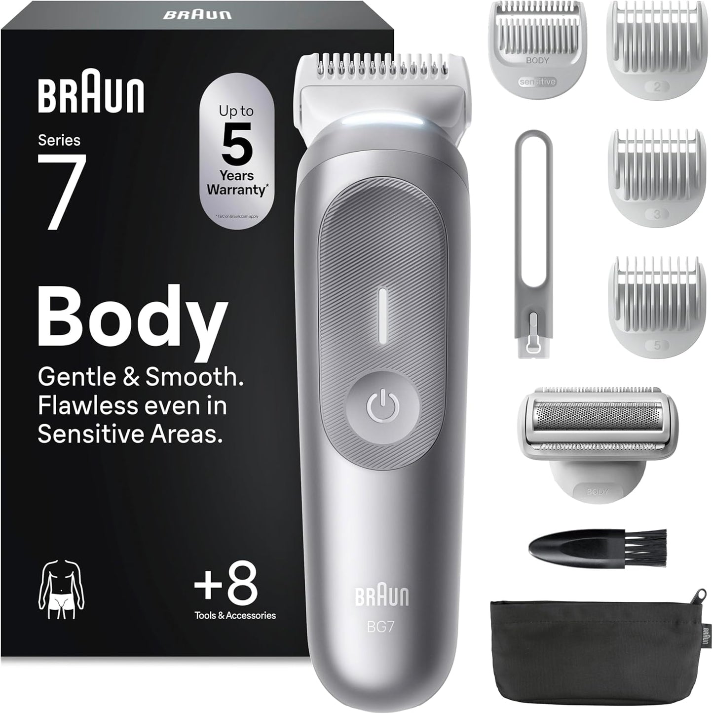 292223 - BRAUN BODYGROOMER SERIES 7 - Makinë rroje elektrike për trup për burra, 8 aksesorë, bateri 100 minuta, e papërshkueshme nga uji, BG7555, gri