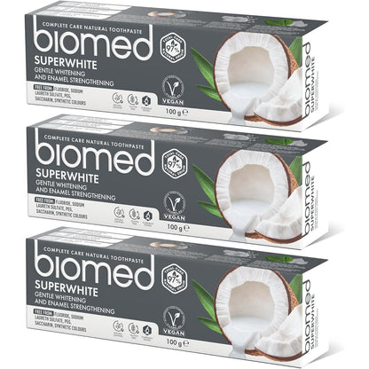 272315 - PASTË DHËMBËSH BIOMED SUPERWHITE NATYRALE ME KOKOS PËR ZBARDHJE TË BUTË, AROMË TROPIKALE - 100 G