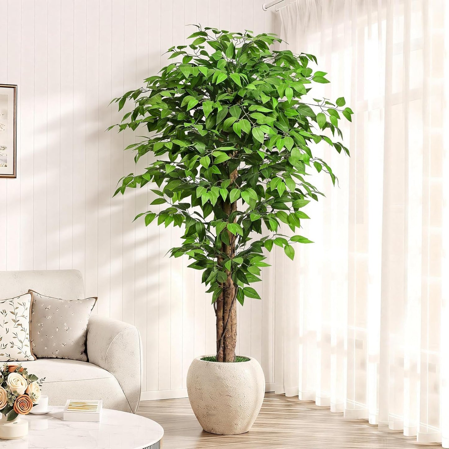 226252 - KEEPLUSH Bimë Fikusi Artificial 180 cm e Lartë me Trung Druri Natyral, 1300 Gjethe, Bimë Artificiale e Brendshme për Dhomë Ndenjeje