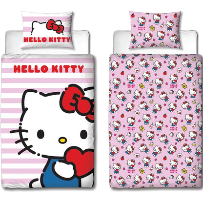 240216 - HELLO KITTY Set çarçafësh për një shtrat tek, dizajn i kthyeshëm, përfshin mbulesë jastëku të përputhshme