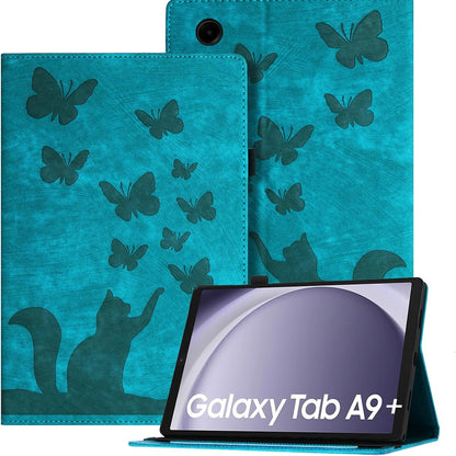 299787 - Auslbin Mbrojtëse e stampuar për tabletin Samsung Galaxy Tab A9+ 2023 11", Mbrojtëse tableti prej lëkure PU retro me temë fluturash dhe maceje, për Tab A9+ A9 Plus SM-X210 SM-X215, e gjelbër