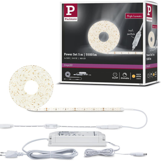 245206 - PAULMANN SHIRIT LED 78957 SimpLED Power, 5 m, 1100lm/m, 1x50W shirit drite të zbehtë, IP44, plastik, 3000K