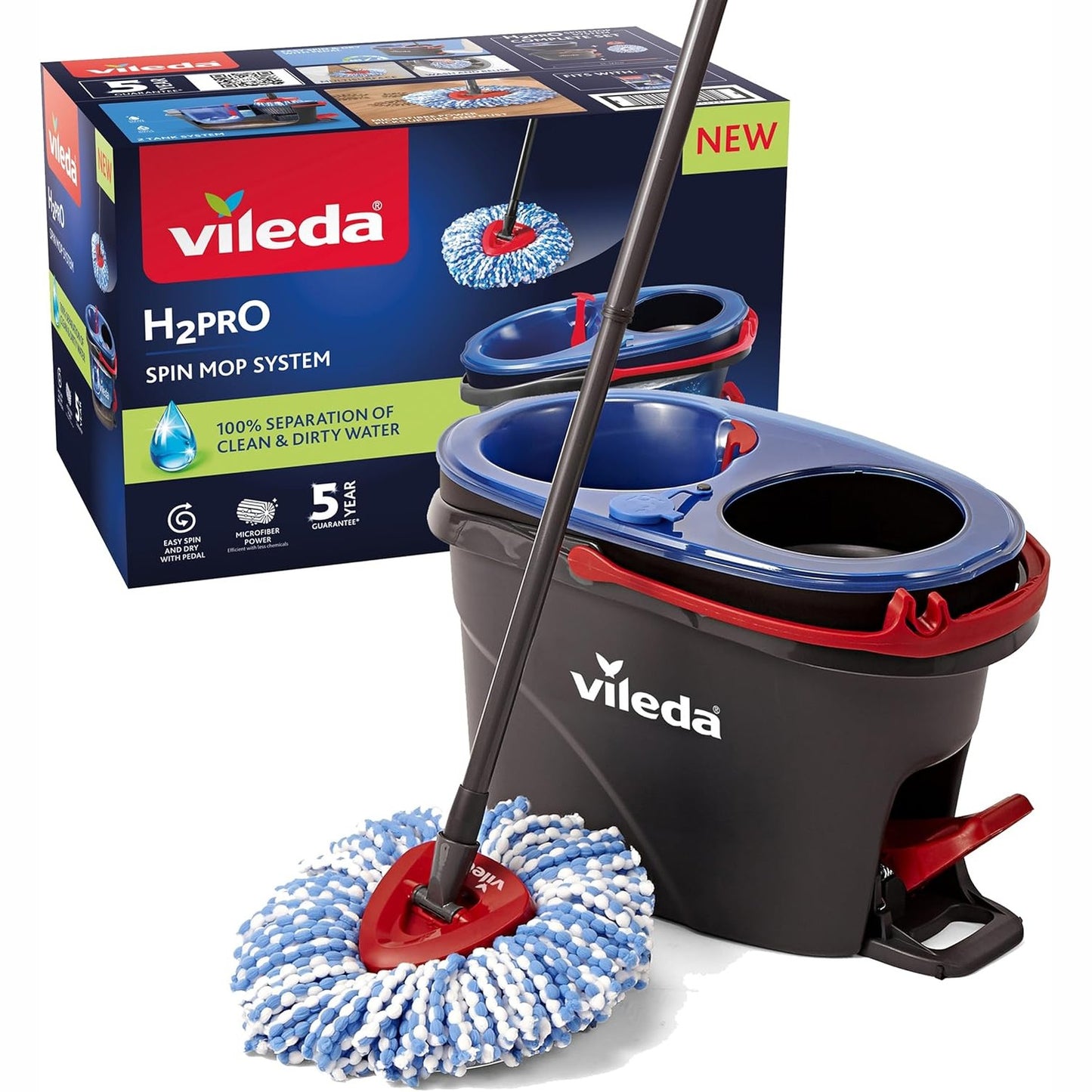 183327 - VILEDA Sistem Pastrimi Dyshemeje H2PrO Spin Mop me Shtrydhje Pedale dhe Dy Depozita Uji të Pastër dhe të Ndotur, Flop Mikrofibër, Dizajn Ergonomik