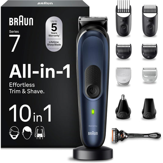 271133 - BRAUN KIT STILIZIMI PËR SHKRUES MJEKRE, Makinë prerëse flokësh për meshkuj, 10-në-1, 100 minuta përdorim, MGK7410 Blu