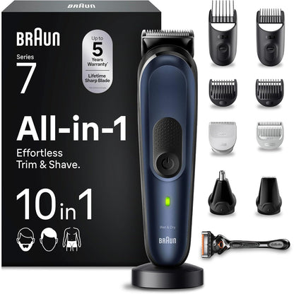 315688 - BRAUN Set 7 prerësesh Gjithçka-në-Një, 10-në-1, bateri 100 minuta, 14 cilësime gjatësie (3–21 mm), i papërshkueshëm nga uji, MGK7410, blu