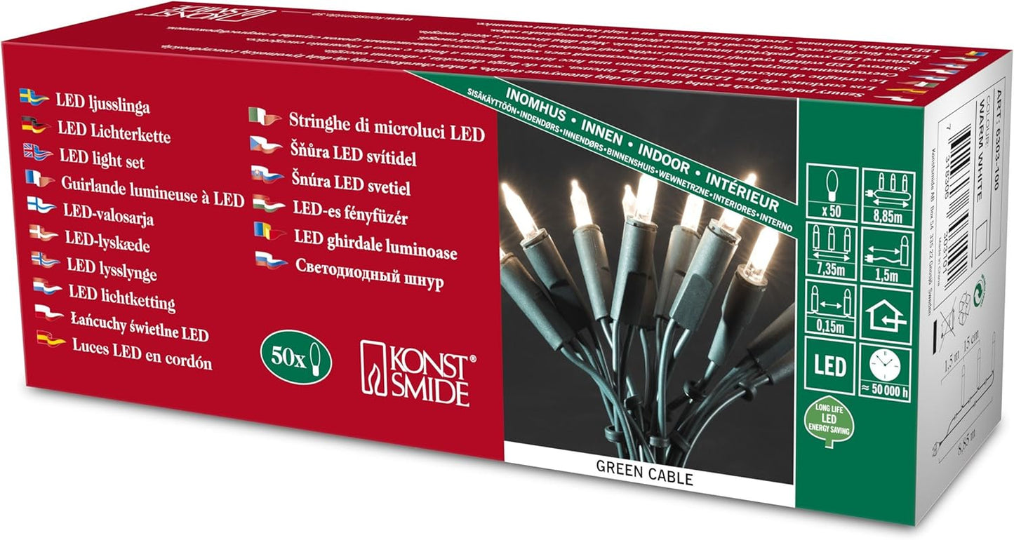 228803 - KONSTSMIDE DRITA LED MINI ME TEL 6303-500, PËR PËRDORIM TË BRENDSHËM (IP20) 230V, 50 LED TË BARDHA TË NGROHTA, KABLO JESHIKE, E BARDHË E NGROHTË