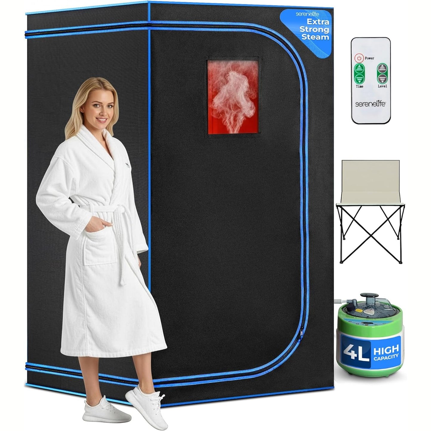 208017 - SERENELIFE Sauna me Avull e Zezë 90×90×180cm, e Lëvizshme për Shtëpi me Karrige të Palosshme dhe Gjenerator Avulli, Ngrohje Portative deri në 50°C, Kontroll me Telekomandë dhe Kohëmatës